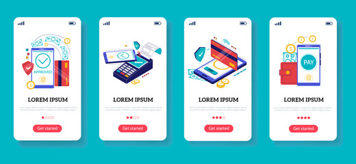 Aufkleber - Mobile bank onboard screen. Financial application for wireless money transfer and online shopping concept. Crypto wallet phone landing page design. Vector banking app interfaces set