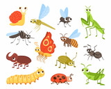 Fototapeta Pokój dzieciecy - Cute insects. Cartoon bug and butterfly mascots. Ladybug and dragonfly. Colorful beetles and snail with happy faces. Funny caterpillar or mosquito characters. Vector small animals set