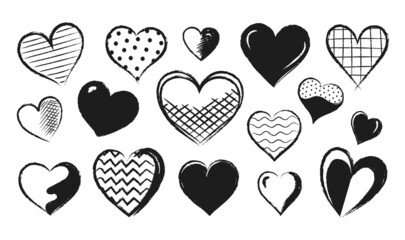 Aufkleber - Heart sketch. Grunge paintbrush logo with primitive textures. Scribble ink shapes. Love and passion contour signs. Romance and marriage symbol. Vector Valentine brushstroke icons set