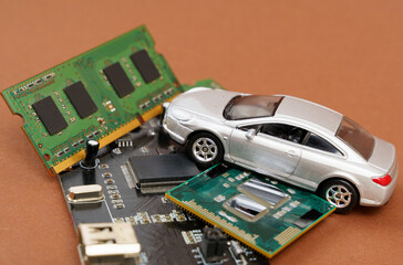 Poster - Electronic cars. There is a car on microcircuits, memory and electronic board.