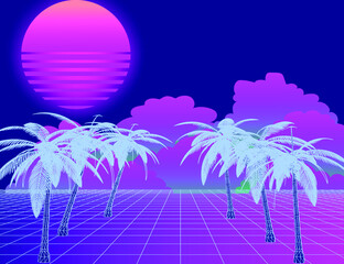 Aufkleber - Vaporwave retro style 3D landscape with laser grid, row of palm trees and sun. Vector illustration.