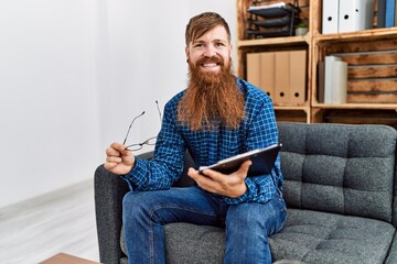 Poster - Young redhead man psychology having session at clinic