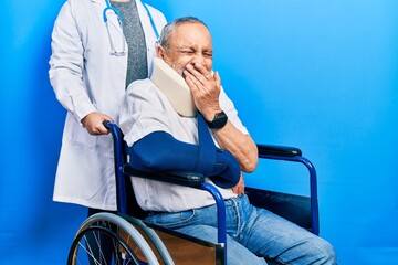 Poster - Handsome senior man with beard sitting on wheelchair with neck collar laughing and embarrassed giggle covering mouth with hands, gossip and scandal concept