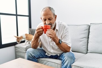 Canvas Print - Senior grey-haired man smiling confident drinking coffee at home