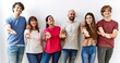 © Krakenimages.com - Group of young friends standing together over isolated background smiling cheerful offering palm hand giving assistance and acceptance.