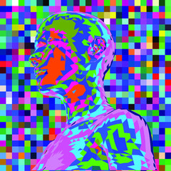 Poster - 3D low poly model of a human head on pixelated and glitched background. Conceptual illustration of Artificial intelligence and Cyber Security.