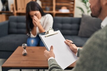 Canvas Print - Man and woman psychology and patient having psychologist session at psychology clinic