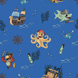 Seamless pattern fabric for kids - cute pirate blue. Texture background. Bezszwowy dziecinny wzór piracki niebieski. 