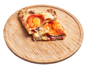  Slices of calzone italian pizza on wooden plate isolated over white background