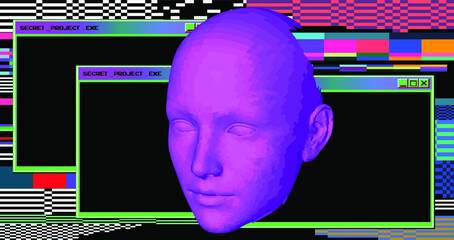 Poster - 3D low poly model of a human head. Conceptual illustration of Artificial intelligence and Cyber Security.