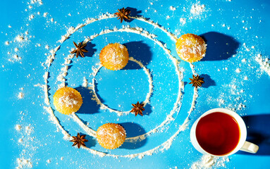 homemade fresh muffins or cupcakes placed on orbit ways as planets, universe baking concept, creativ