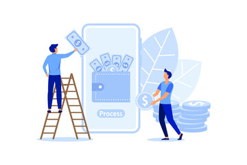 Poster - money transfer to e-wallet concept, showing the activity of entrepreneurs shopping using e wallet, s