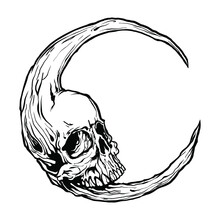 Moon Skull Hand Drawn. Skull Line Art. Gothic Design For Prints. Vector Illustration Isolated On White Background. EPS 10