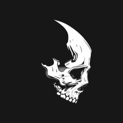 Human skull. Hand drawn vector vintage illustration. Isolated on black background.