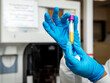 © F Armstrong Photo - Horizontal Image of blue latex gloves holding a test tube of plasma