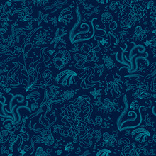 Seamless Pattern With Underwater Doodle Illustration. Vector Illustration With Sea And Ocean Life