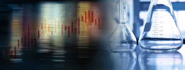 Wall Mural - transpiration flask and red gold information graph in medical health science lab technology banner b