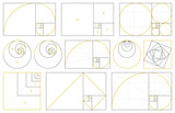 Golden section, fibonacci numbers, ideal proportions ratio. Geometry harmony gold fibonacci spiral ratio, vector illustration set. Spiral proportion elements