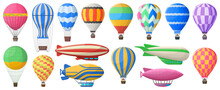 Hot Air Balloon, Flying Vintage Aerostat And Airships. Vintage Sky Transport, Air Journey Flying Aerostat Vector Symbols Set. Retro Airship And Hot Air Balloon