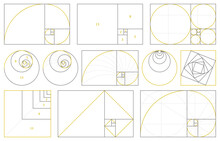 Golden Section, Fibonacci Numbers, Ideal Proportions Ratio. Geometry Harmony Gold Fibonacci Spiral Ratio, Vector Illustration Set. Spiral Proportion Elements