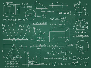 Math, geometry or physics calculation formulas, algebra figures and graphs. Doodle school education graphs vector illustration set. Hand drawn formula symbols