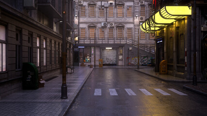 Poster - An empty downtown city street with a dark moody noir style atmosphere. 3D irendering.