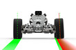 Car rear wheel missalignment.3D illustration with back view of a car drivetrain with rear wheels alignment. Car positive camber 