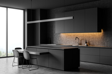 Corner view on dark kitchen room interior with panoramic window