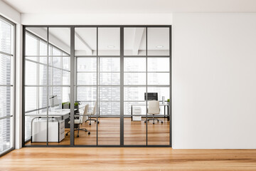 Light office interior, chairs and desk with pc computer and window. Mockup