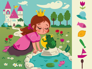 Wall Mural - Hidden object game on The Frog Prince story theme. Vector illustration for little children.