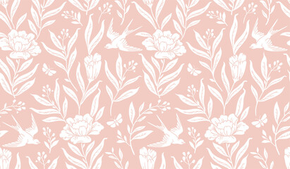 Wall Mural - boho mystical seamless pattern. vector background with bird and floral elements in trendy bohemian c