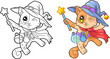 Wizard cartoon cute cat, coloring book, funny illustration