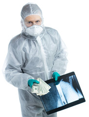 A man in special protective clothing holds an x-ray and dollars, a man looks at the camera. isolated