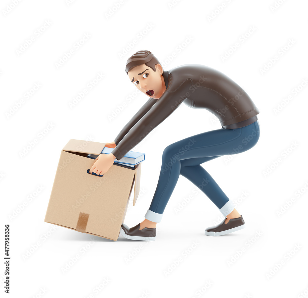 3d cartoon man lifting heavy box