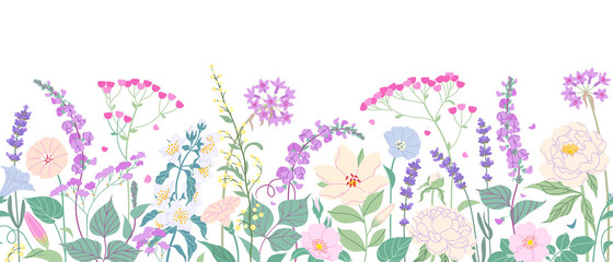 Wall Mural - Seamless Border  with Blooming Garden Flowers