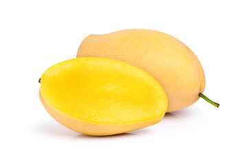 Fresh ripe mango and cut in half sliced isolated on white background.