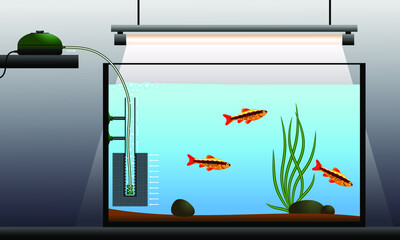 Wall Mural - A schematic illustration of an aquarium with fish equipped with an airlift filter.  Vector illustration.
