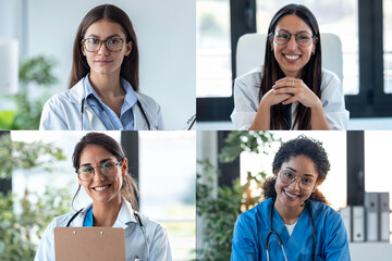 Wall Mural - Headshot screen application view of diverse doctors have work web conference.