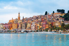 Menton On The French Riviera, Named The Coast Azur, Located In The South Of France At Sunrise