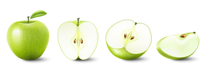 Wall Mural - set of isolated colored green apple half, slice and whole juicy fruit on white background. realistic