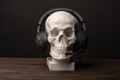 plaster skull in headphones with microphone on black background