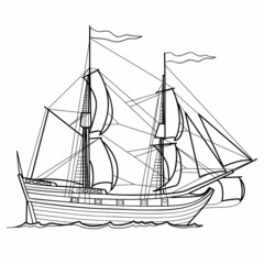 sketch, sailing historic ship, coloring book, isolated object on white background, cartoon illustrat