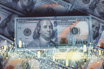 Double exposure of data theme drawing over us dollars bill background. Technology concept.