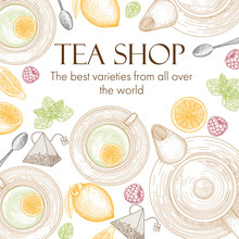 Vector Illustration Of A Banner Template For A Teahouse. Graphic Linear Color Tea Cup, Teapot, Spoon, Tea Bag, Lemon, Mint, Raspberry