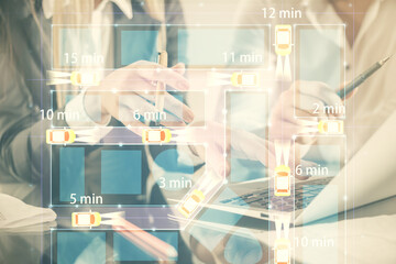 Poster - Double exposure of man and woman working together and a car hologram drawing. Autopilot concept. Computer background.