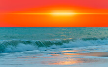 Panorama Of Orange Sunset Over  Mediterranean Sea - Alanya, Turkey