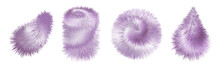 Fur Pompoms, Fuzzy Fluffy Texture. Ball, Brush, Feather, Furry  Shapes Isolated, Purple Colorful 3d Objects. Vector Illustration.