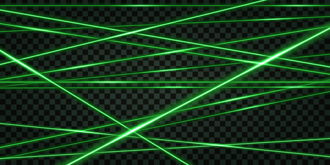 Wall Mural - Green laser beams, glowing light effect. abstract luminous ray lines of safety scanner on dark transparent background. Vector illustration