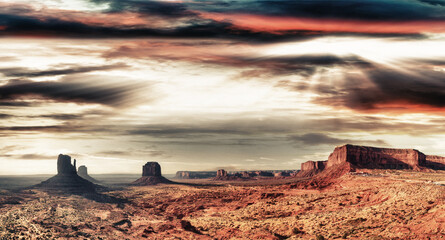 Poster - Aerial panoramic view of Monument Valley National Park at summer sunset, United States