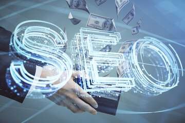 Aufkleber - Multi exposure of seo drawing hologram and us dollars bills and man hands.